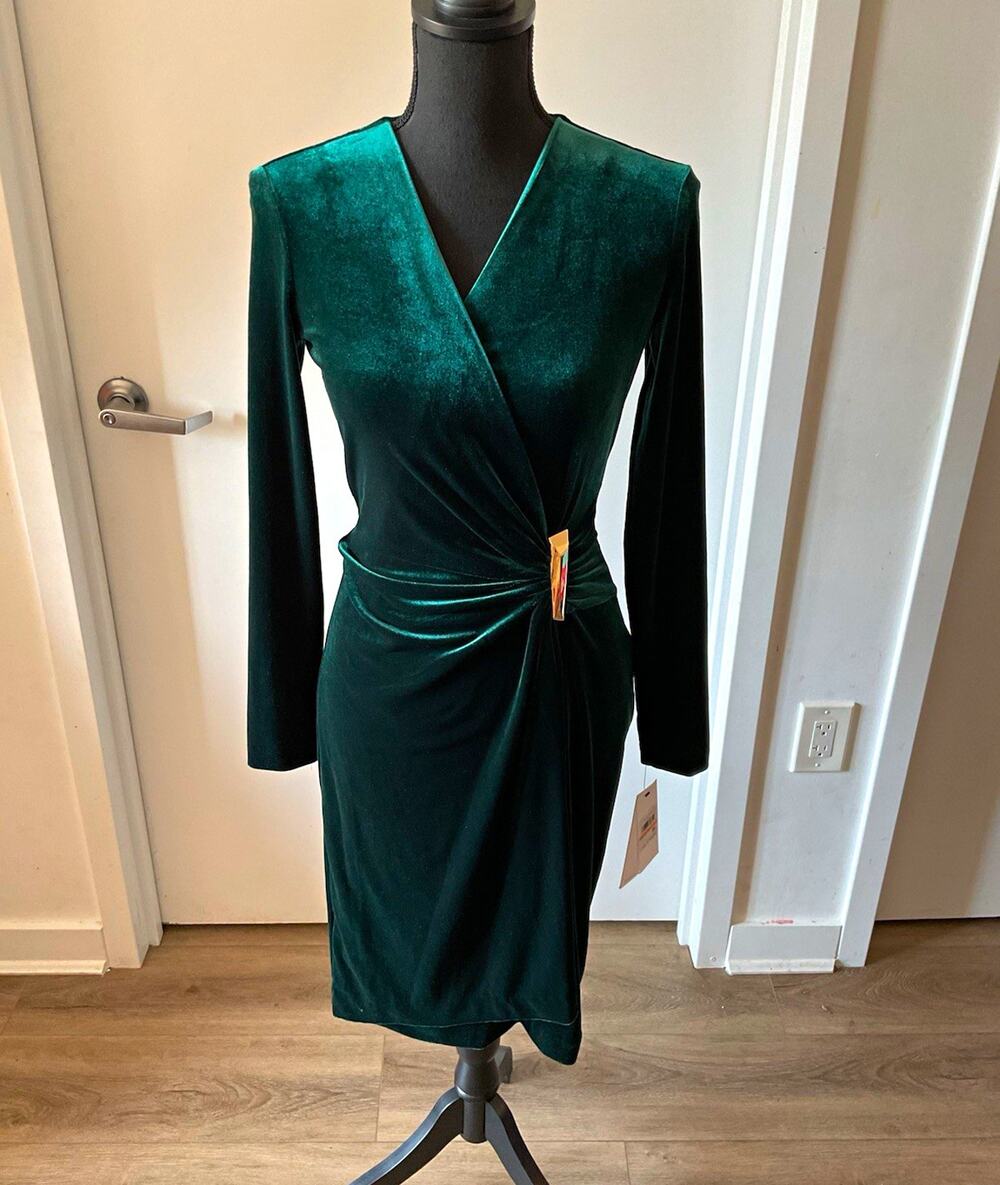 Calvin Klein Green Velvet V-Neck Ruched Sheath Knee Dress Lined Stretch Sz 2